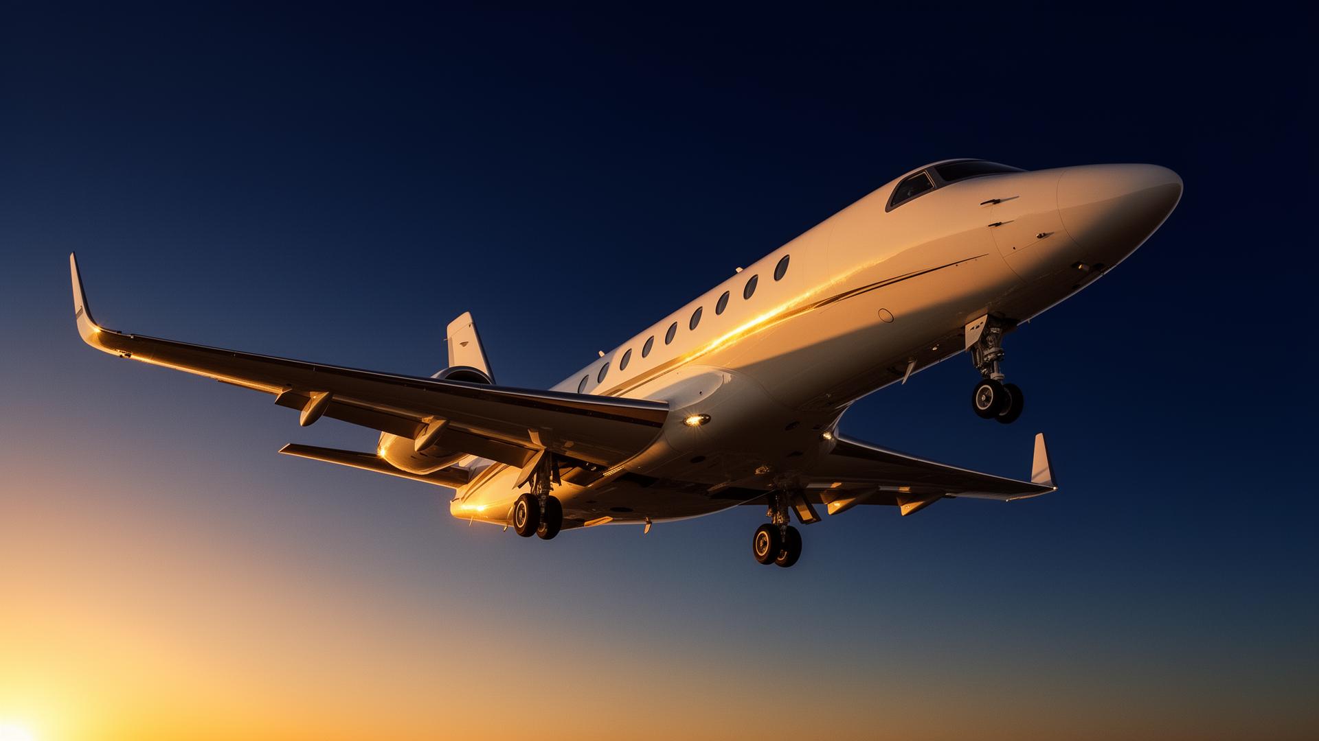Private jet taking off at sunrise